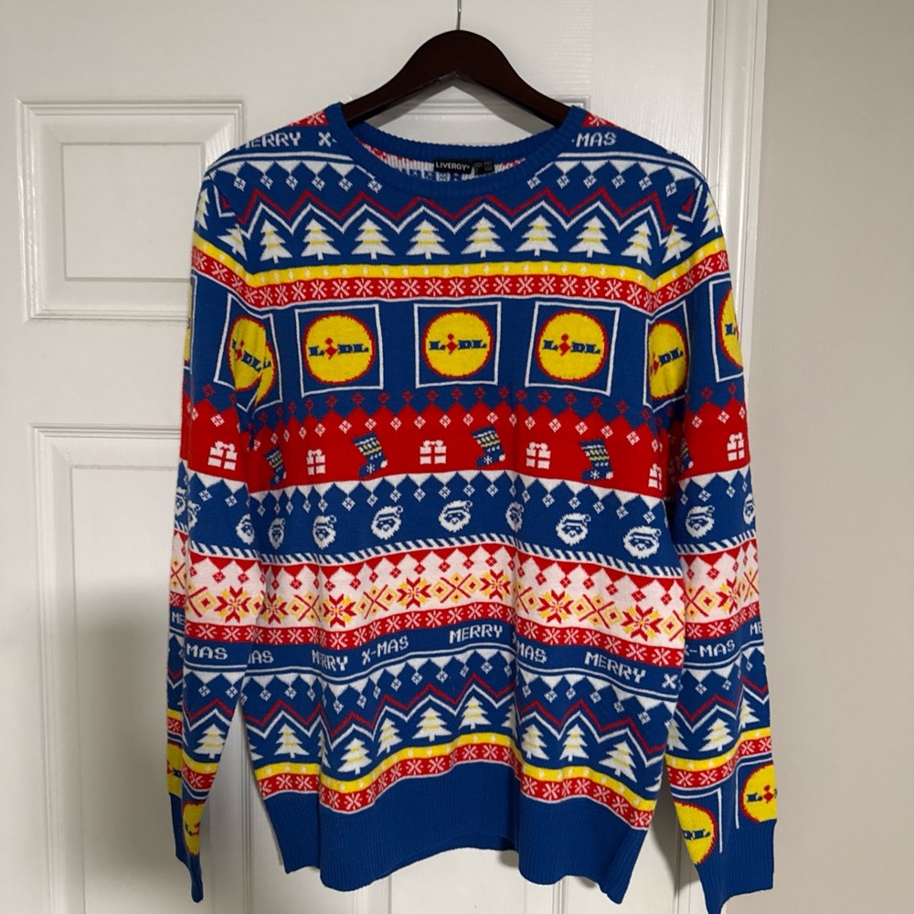 Unisex Lidl Crewneck Ugly Christmas Sweater. Livergy. SMOKE FREE HOME